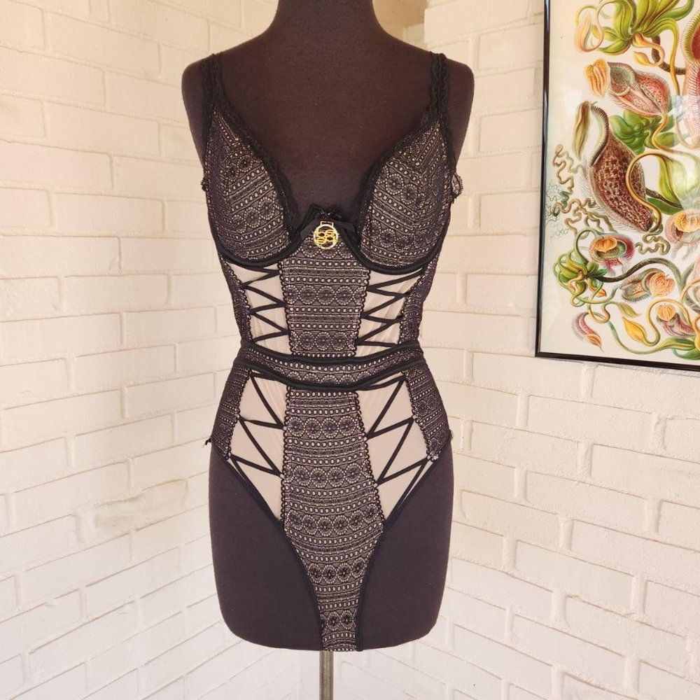 Bebe Mesh and Lace Bodysuit Teddy Lingerie